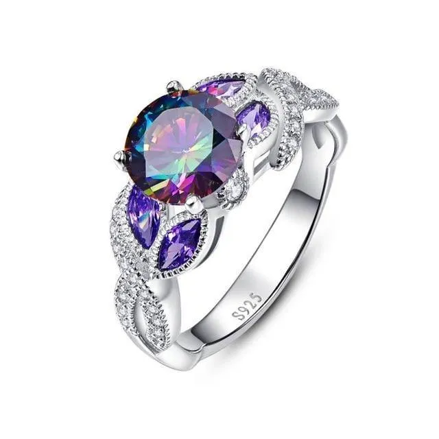 Mystische Regenbogentopas-Ringe aus 925er-Sterlingsilber mit Saphir-Akzentstein, modisches Design, Verlobung
