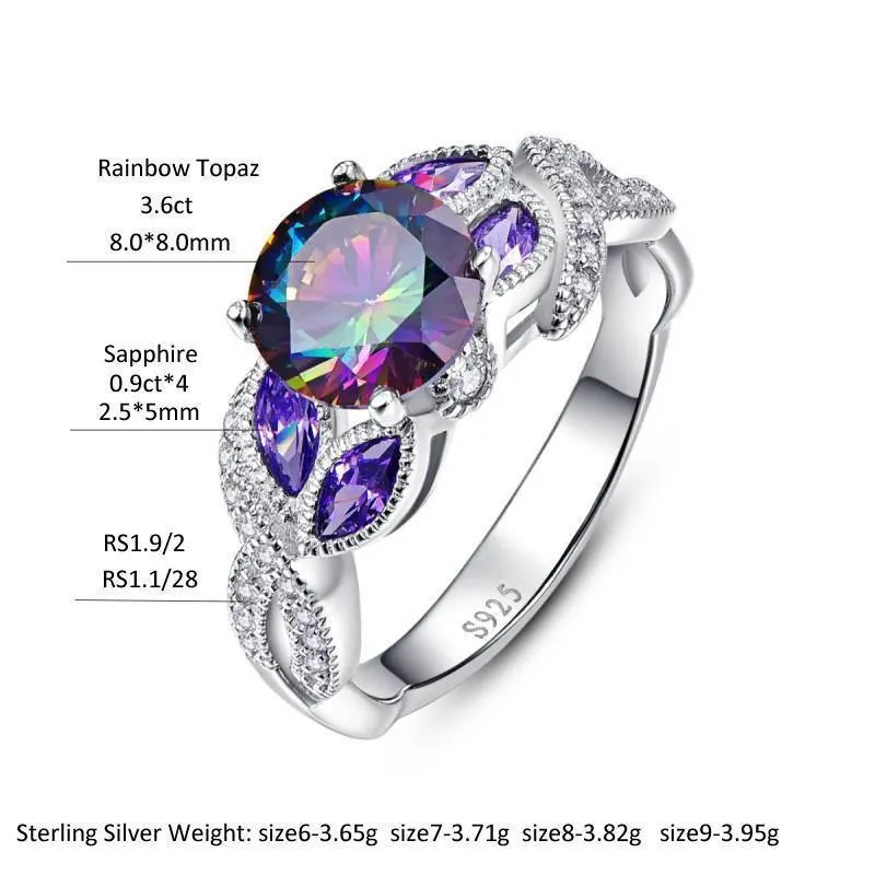 Mystische Regenbogentopas-Ringe aus 925er-Sterlingsilber mit Saphir-Akzentstein, modisches Design, Verlobung