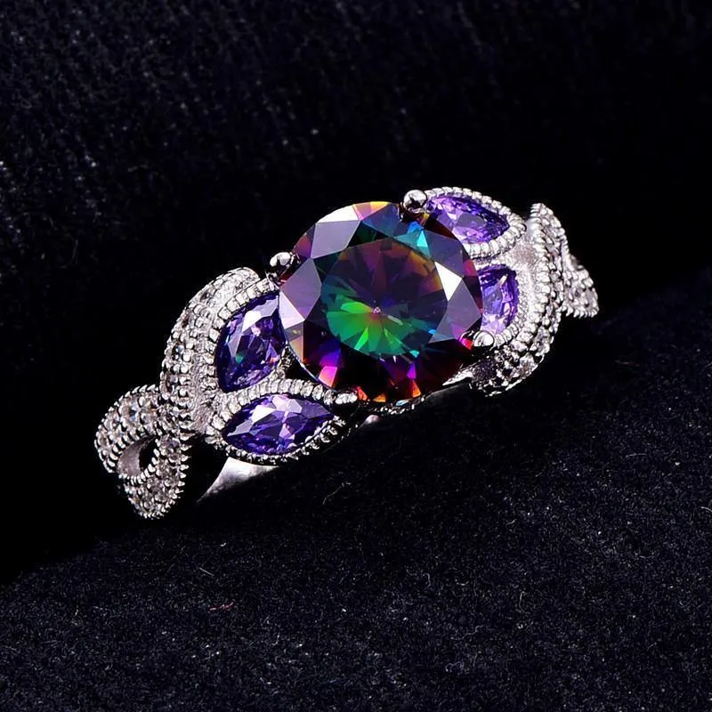 Mystische Regenbogentopas-Ringe aus 925er-Sterlingsilber mit Saphir-Akzentstein, modisches Design, Verlobung
