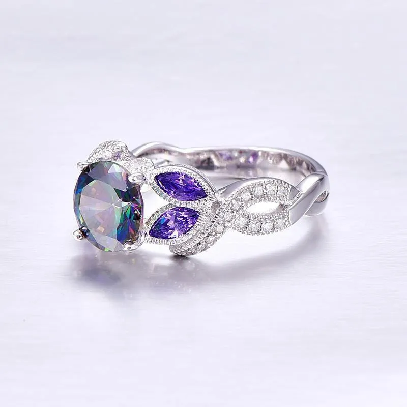 Mystische Regenbogentopas-Ringe aus 925er-Sterlingsilber mit Saphir-Akzentstein, modisches Design, Verlobung