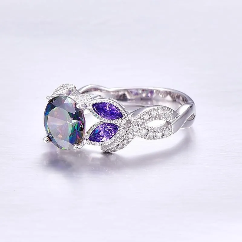 Mystische Regenbogentopas-Ringe aus 925er-Sterlingsilber mit Saphir-Akzentstein, modisches Design, Verlobung