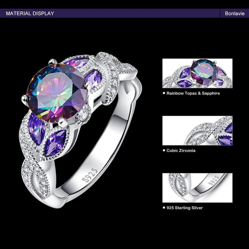 Mystische Regenbogentopas-Ringe aus 925er-Sterlingsilber mit Saphir-Akzentstein, modisches Design, Verlobung