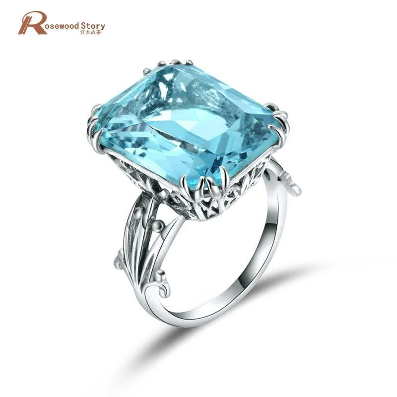 Handgefertigter Vintage-Ehering für Damen aus 925er-Sterlingsilber mit Geburtssteinen, himmelblauem Kristall, Markenschmuck