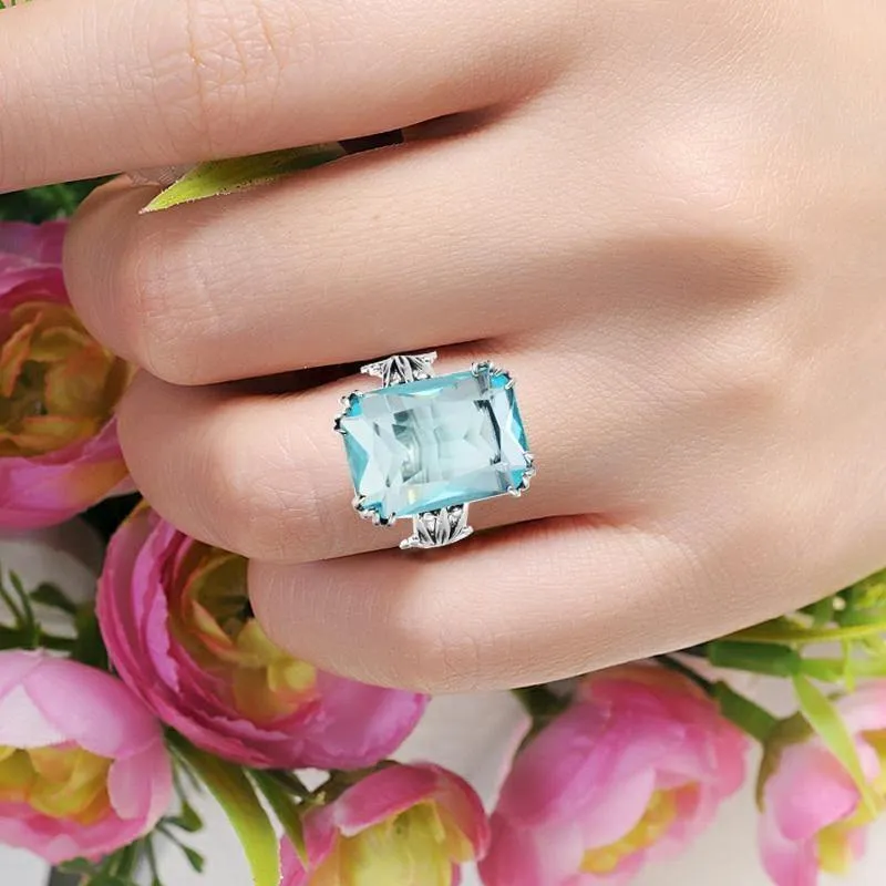 Handgefertigter Vintage-Ehering für Damen aus 925er-Sterlingsilber mit Geburtssteinen, himmelblauem Kristall, Markenschmuck