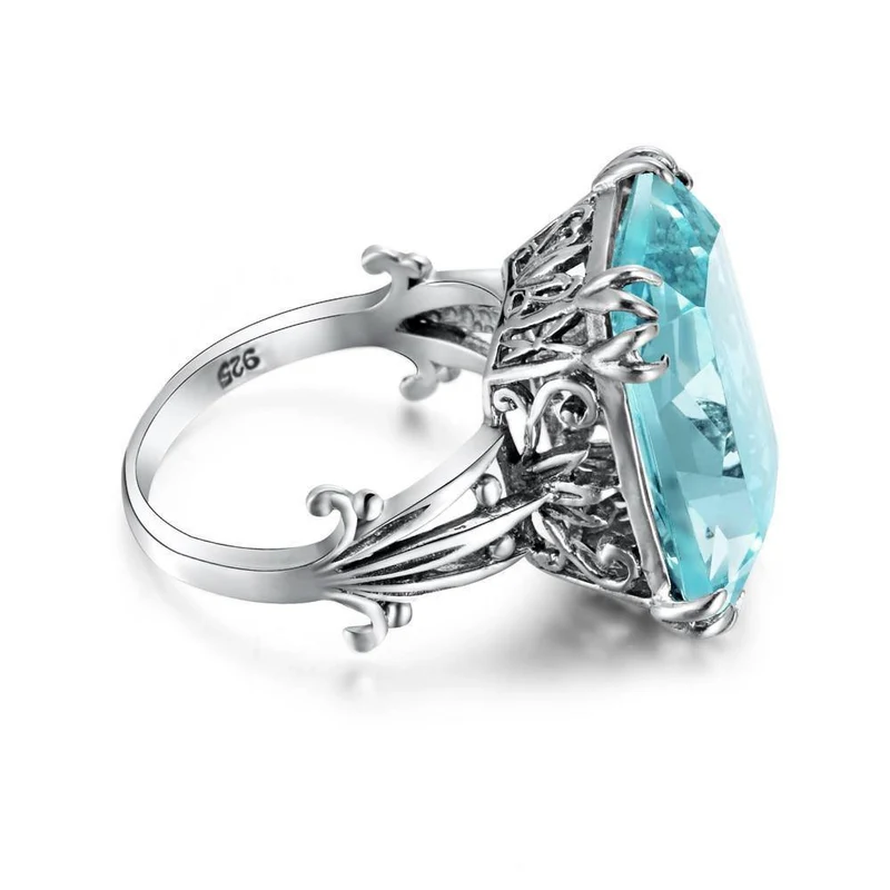 Handgefertigter Vintage-Ehering für Damen aus 925er-Sterlingsilber mit Geburtssteinen, himmelblauem Kristall, Markenschmuck