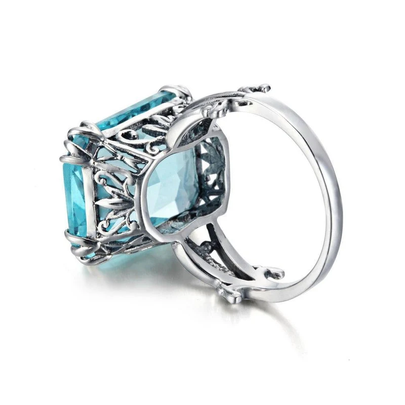 Handgefertigter Vintage-Ehering für Damen aus 925er-Sterlingsilber mit Geburtssteinen, himmelblauem Kristall, Markenschmuck