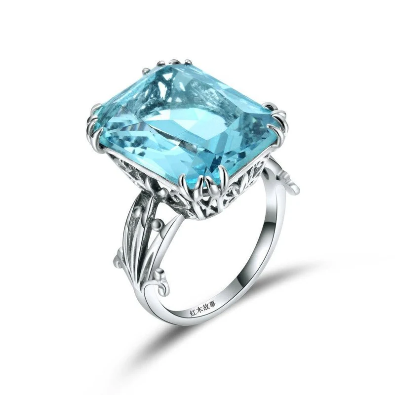 Handgefertigter Vintage-Ehering für Damen aus 925er-Sterlingsilber mit Geburtssteinen, himmelblauem Kristall, Markenschmuck