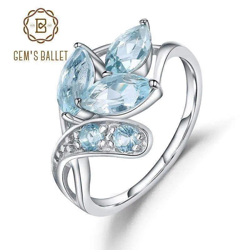 Ring aus 925er-Sterlingsilber mit funkelnden Blättern, 2.4 ct natürlicher himmelblauer Topas-Edelstein-Ring