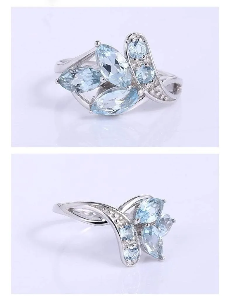Ring aus 925er-Sterlingsilber mit funkelnden Blättern, 2.4 ct natürlicher himmelblauer Topas-Edelstein-Ring