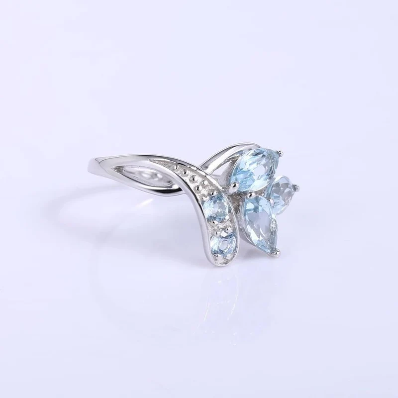 Ring aus 925er-Sterlingsilber mit funkelnden Blättern, 2.4 ct natürlicher himmelblauer Topas-Edelstein-Ring