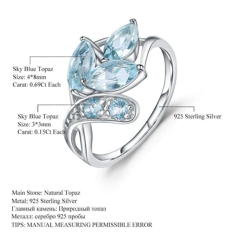 Ring aus 925er-Sterlingsilber mit funkelnden Blättern, 2.4 ct natürlicher himmelblauer Topas-Edelstein-Ring