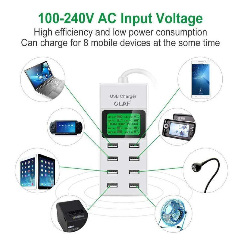 8 Ports USB-Ladegerät, LED-Display, EU-Stecker, Adapter, Handy-Ladegerät für iPhone, Samsung, Xiaomi, USB-Ladegerät
