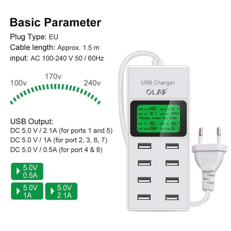 8 Ports USB-Ladegerät, LED-Display, EU-Stecker, Adapter, Handy-Ladegerät für iPhone, Samsung, Xiaomi, USB-Ladegerät