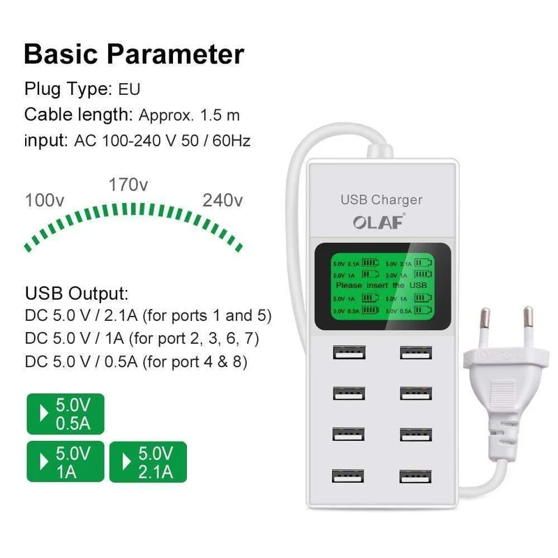 8 Ports USB-Ladegerät, LED-Display, EU-Stecker, Adapter, Handy-Ladegerät für iPhone, Samsung, Xiaomi, USB-Ladegerät