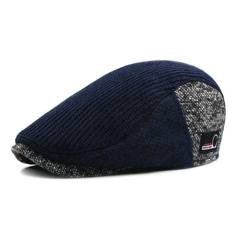 Hut Männer Patchwork Wolle Strickmütze, Cabbie Schiebermützen Männer Einfarbig Cabbie Boina Flat