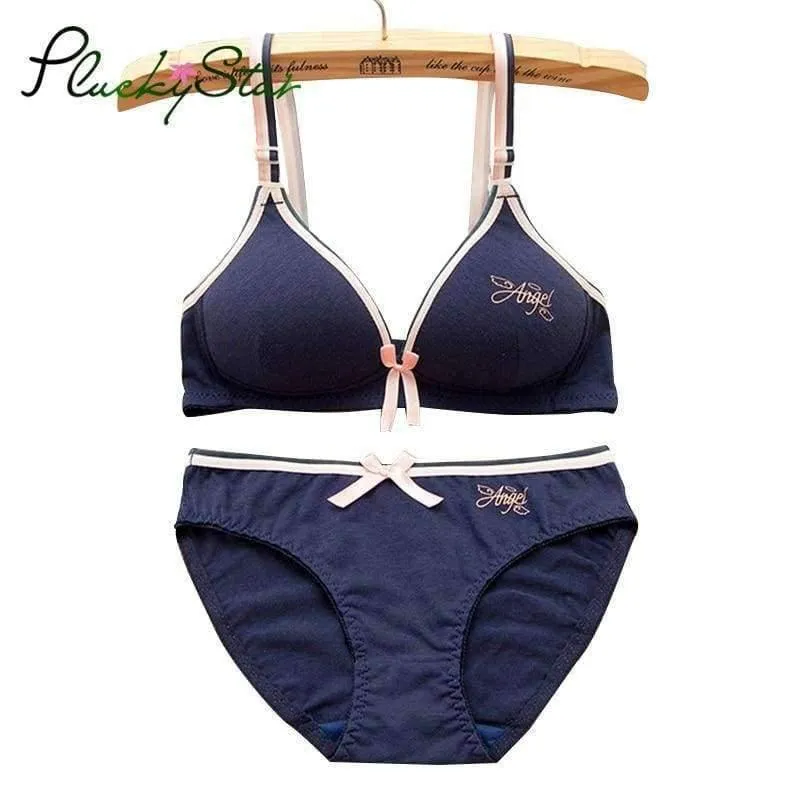 2Pcs / Set Teenager Mädchen Kleidung Unterwäsche Sexy BHs Für Mädchen 12 / 14 / 16Y Büstenhalter Slips Baumwolle Trainings BH KW26