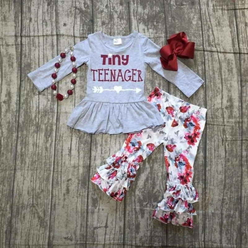 Mädchen Herbst Kleidung Mädchen Kinder winzige Teenager Print Top mit weinroten Hosen Outfits Kinder grau Pfeil oben mit Zubehör