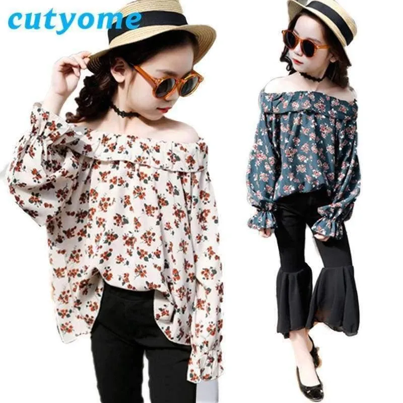 Jugendliche Mädchen Blumen Schulterfrei Schulbluse Top + Flare Hose Zweiteiler 2018 Herbst 12 Kinderkleidung Sunsuit