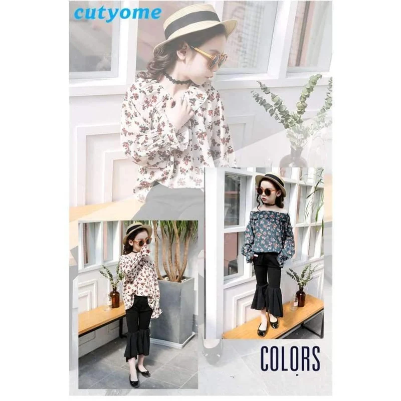 Jugendliche Mädchen Blumen Schulterfrei Schulbluse Top + Flare Hose Zweiteiler 2018 Herbst 12 Kinderkleidung Sunsuit