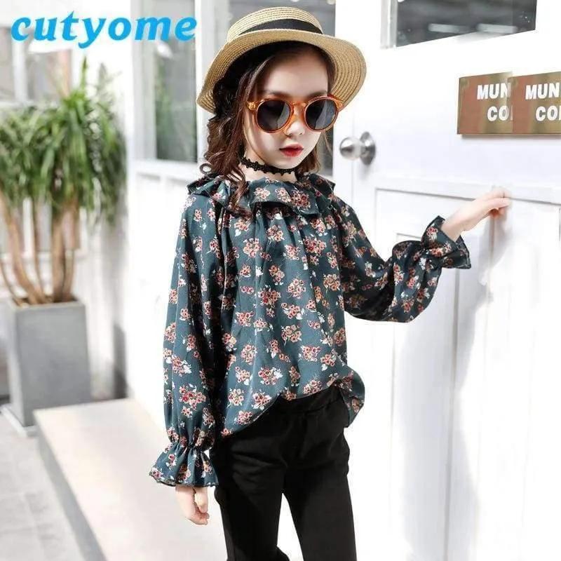 Jugendliche Mädchen Blumen Schulterfrei Schulbluse Top + Flare Hose Zweiteiler 2018 Herbst 12 Kinderkleidung Sunsuit