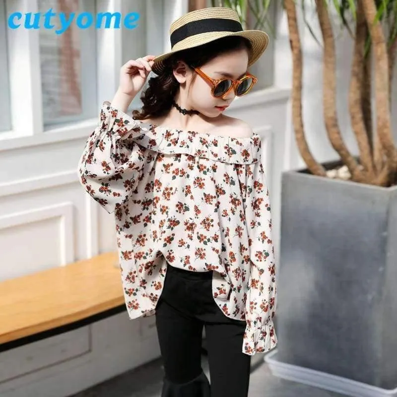 Jugendliche Mädchen Blumen Schulterfrei Schulbluse Top + Flare Hose Zweiteiler 2018 Herbst 12 Kinderkleidung Sunsuit