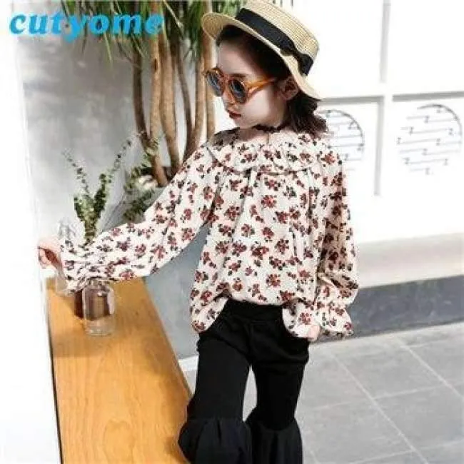 Jugendliche Mädchen Blumen Schulterfrei Schulbluse Top + Flare Hose Zweiteiler 2018 Herbst 12 Kinderkleidung Sunsuit