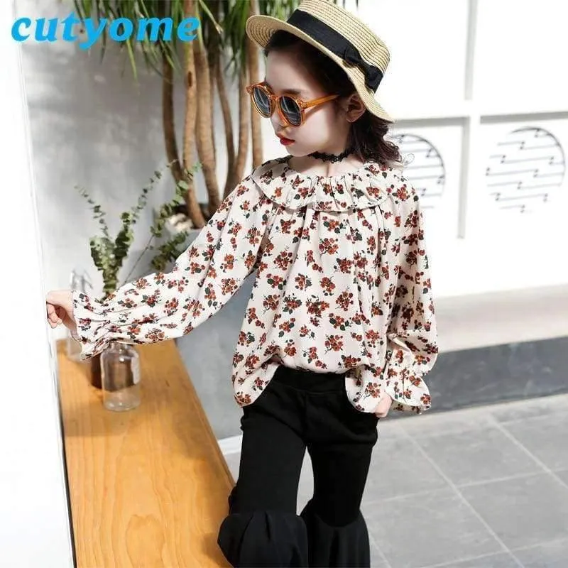 Jugendliche Mädchen Blumen Schulterfrei Schulbluse Top + Flare Hose Zweiteiler 2018 Herbst 12 Kinderkleidung Sunsuit