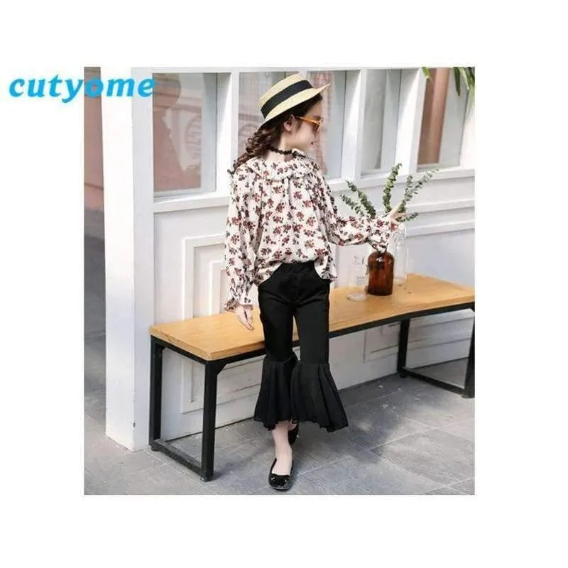 Jugendliche Mädchen Blumen Schulterfrei Schulbluse Top + Flare Hose Zweiteiler 2018 Herbst 12 Kinderkleidung Sunsuit