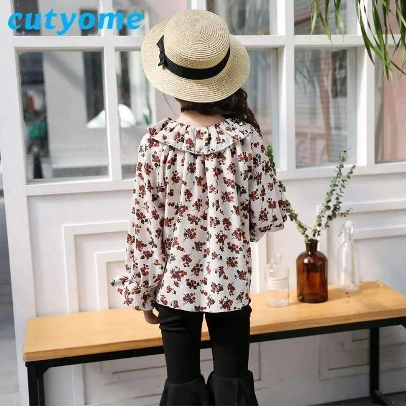 Jugendliche Mädchen Blumen Schulterfrei Schulbluse Top + Flare Hose Zweiteiler 2018 Herbst 12 Kinderkleidung Sunsuit