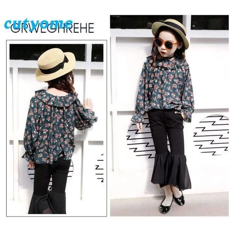 Jugendliche Mädchen Blumen Schulterfrei Schulbluse Top + Flare Hose Zweiteiler 2018 Herbst 12 Kinderkleidung Sunsuit