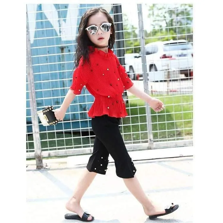Sommer Rosa Rot Mädchen Kleidung Sets 5 6 7 8 9 10 11 12 13 12 13 14 Kinder Shirts + Hosen 2 stücke Teenager Baby Mädchen Kleidung Sets