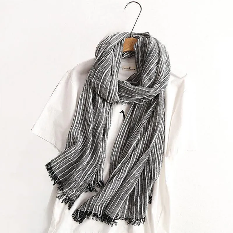 Winterschal für Damen und Herren, gestreifte Baumwoll-Leinen-Schals, Vintage-übergroße Tücher und Schals