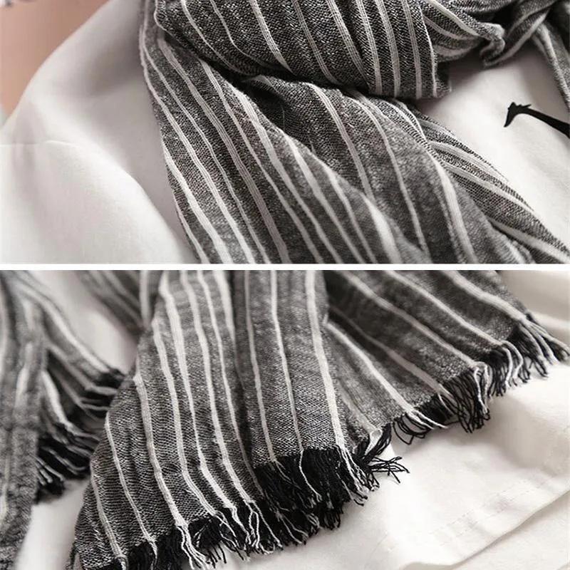 Winterschal für Damen und Herren, gestreifte Baumwoll-Leinen-Schals, Vintage-übergroße Tücher und Schals