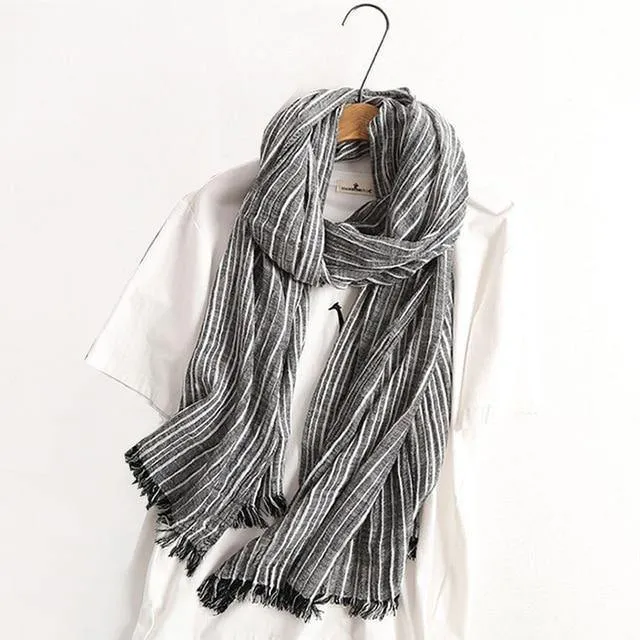 Winterschal für Damen und Herren, gestreifte Baumwoll-Leinen-Schals, Vintage-übergroße Tücher und Schals