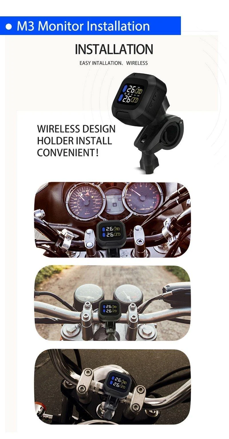 M3 Drahtloses TPMS-Reifendrucküberwachungssystem für Motorräder TPMS-Reifendrucksensor für Motorräder Universelle externe 2-Sensoren