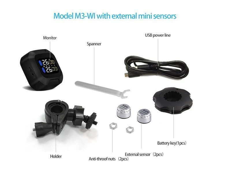 M3 Drahtloses TPMS-Reifendrucküberwachungssystem für Motorräder TPMS-Reifendrucksensor für Motorräder Universelle externe 2-Sensoren