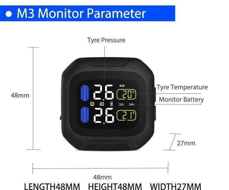M3 Drahtloses TPMS-Reifendrucküberwachungssystem für Motorräder TPMS-Reifendrucksensor für Motorräder Universelle externe 2-Sensoren