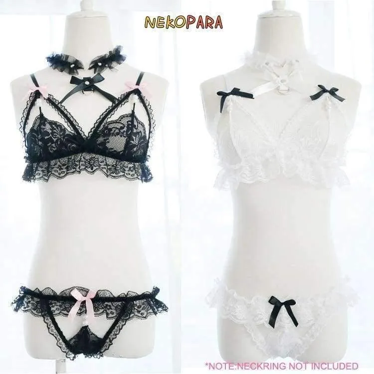 Damen Dessous 2PCS Set BH & Slip Set Transparente Spitze Bikini Pearl Bows Niedliche exotische Bekleidung Black & White