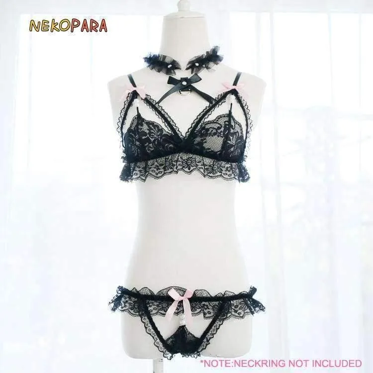 Damen Dessous 2PCS Set BH & Slip Set Transparente Spitze Bikini Pearl Bows Niedliche exotische Bekleidung Black & White