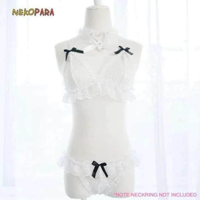 Damen Dessous 2PCS Set BH & Slip Set Transparente Spitze Bikini Pearl Bows Niedliche exotische Bekleidung Black & White
