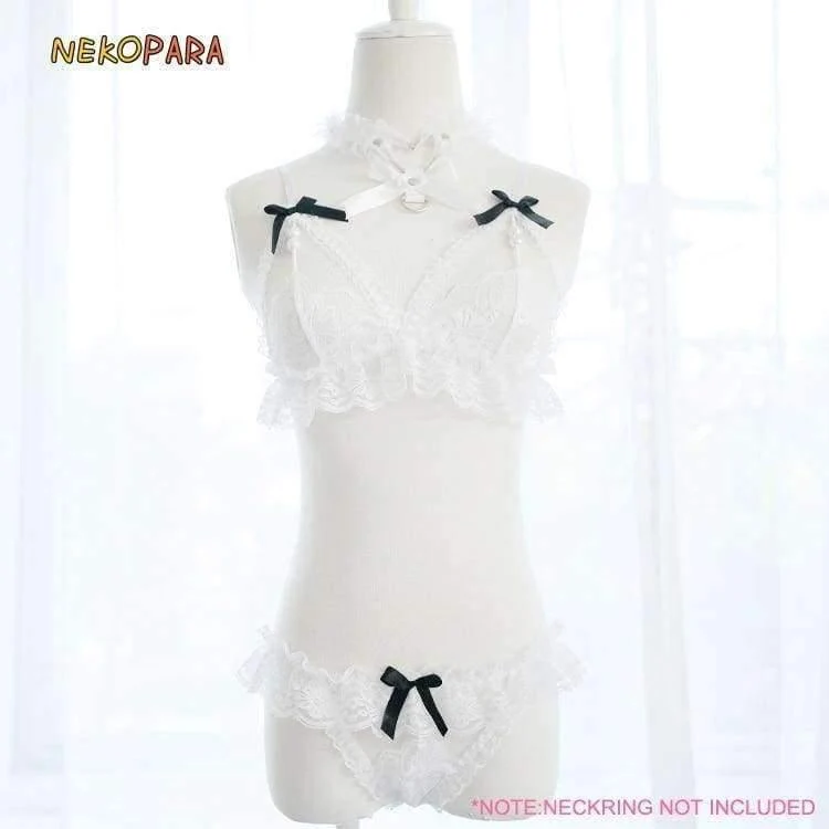 Damen Dessous 2PCS Set BH & Slip Set Transparente Spitze Bikini Pearl Bows Niedliche exotische Bekleidung Black & White