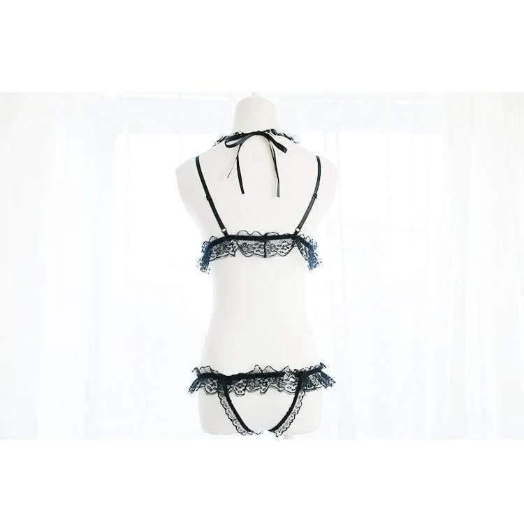 Damen Dessous 2PCS Set BH & Slip Set Transparente Spitze Bikini Pearl Bows Niedliche exotische Bekleidung Black & White