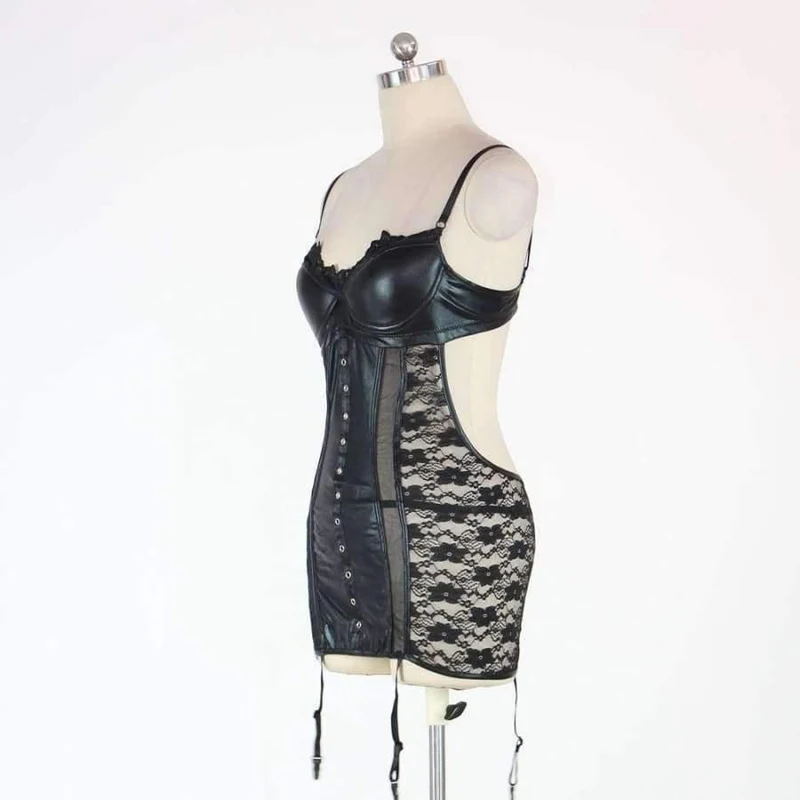 Sexy Vinyl Leder Babydoll Dessous verführen exotische schwarze Spitze Body für Frauen S-XXL W850502