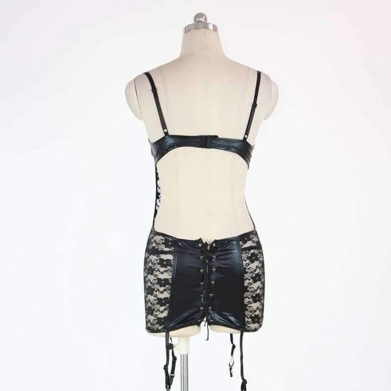 Sexy Vinyl Leder Babydoll Dessous verführen exotische schwarze Spitze Body für Frauen S-XXL W850502