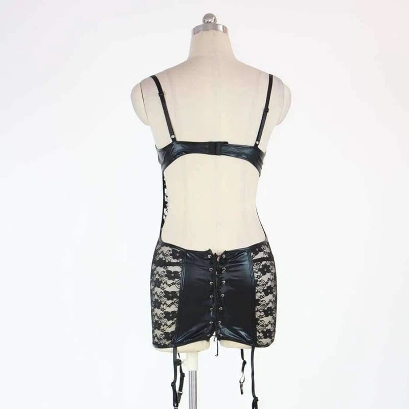 Sexy Vinyl Leder Babydoll Dessous verführen exotische schwarze Spitze Body für Frauen S-XXL W850502