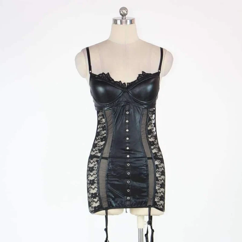 Sexy Vinyl Leder Babydoll Dessous verführen exotische schwarze Spitze Body für Frauen S-XXL W850502