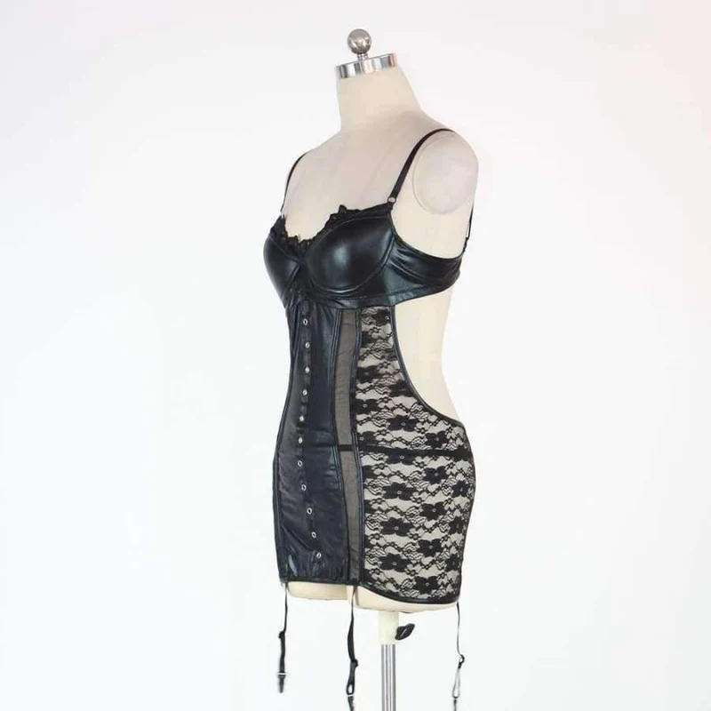 Sexy Vinyl Leder Babydoll Dessous verführen exotische schwarze Spitze Body für Frauen S-XXL W850502