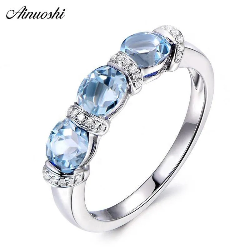Ring mit 3 Steinen, 925er-Silber, 1.5 Karat, ovaler Schliff, himmelblauer natürlicher Topas, Band für Damen, Verlobung, Hochzeit