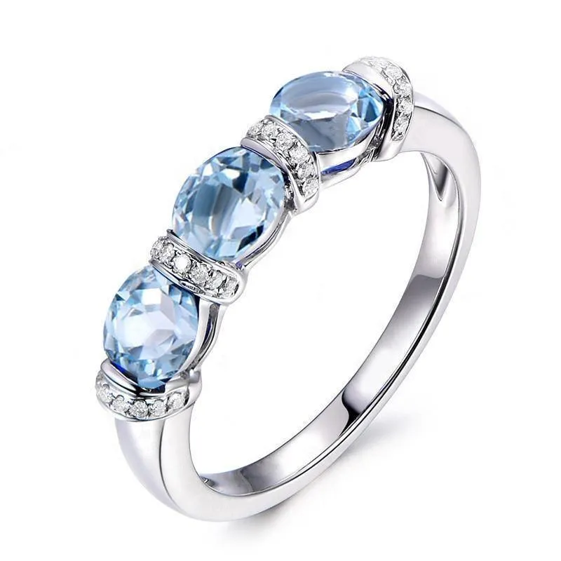 Ring mit 3 Steinen, 925er-Silber, 1.5 Karat, ovaler Schliff, himmelblauer natürlicher Topas, Band für Damen, Verlobung, Hochzeit