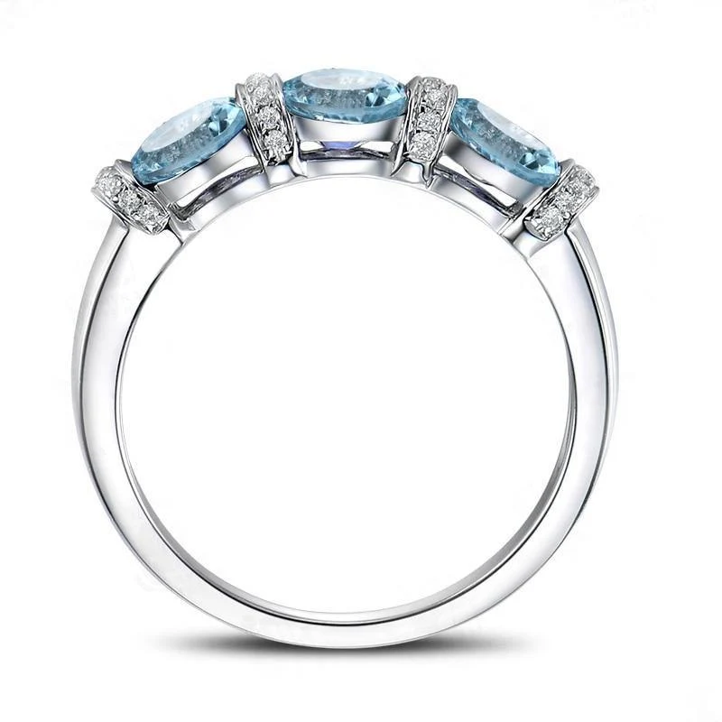 Ring mit 3 Steinen, 925er-Silber, 1.5 Karat, ovaler Schliff, himmelblauer natürlicher Topas, Band für Damen, Verlobung, Hochzeit